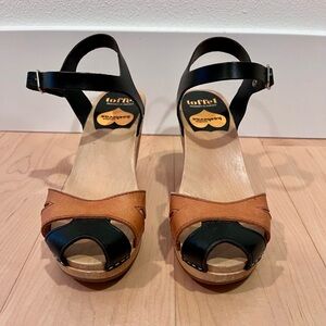Toffee Swedish Hasbeens tan and black high heel sandal clog
